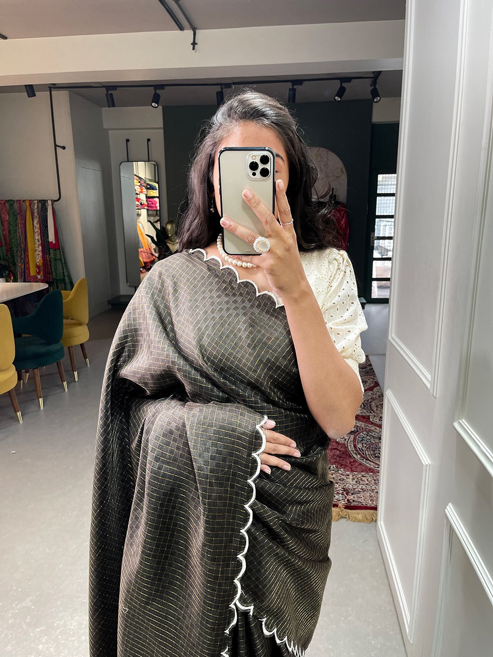 Celebrate in Style with our Black Color Exquisite Arca Work Gadwal Chex Saree Collection