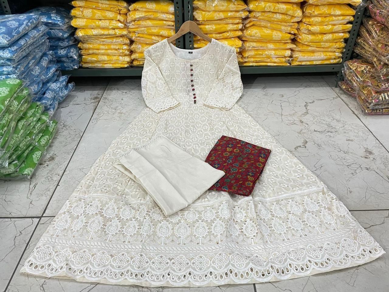 Chikankari Cotton Anarkali Kurti Pant Set with Silk Chanderi Digital Print Dupatta