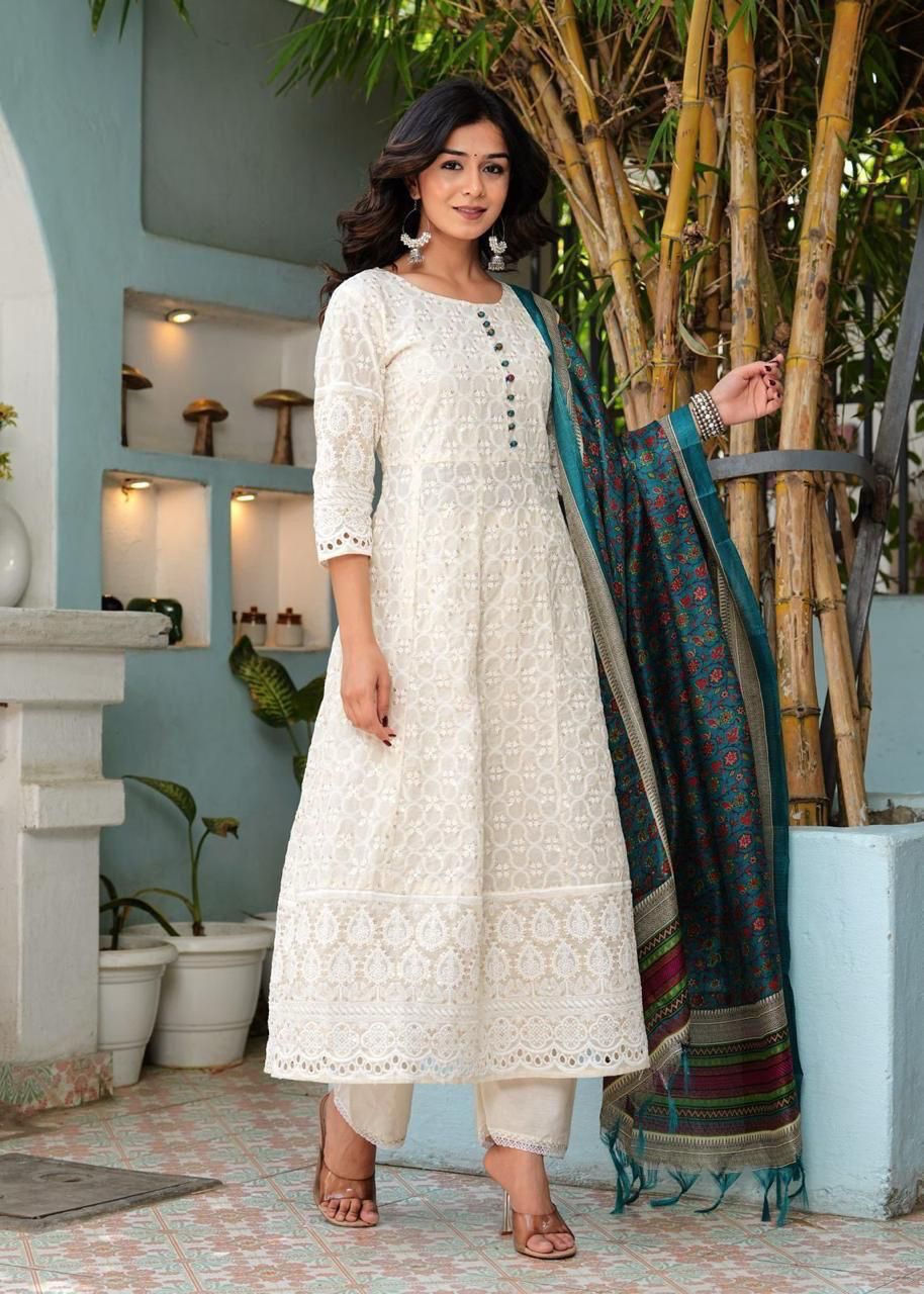 Chikankari Cotton Anarkali Kurti Pant Set with Silk Chanderi Digital Print Dupatta