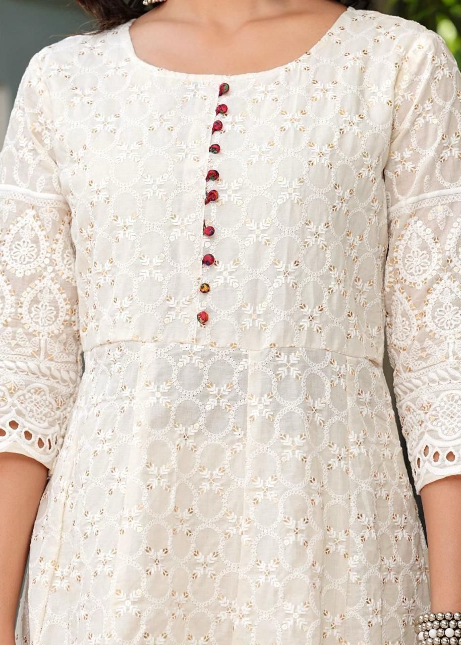 Chikankari Cotton Anarkali Kurti Pant Set with Silk Chanderi Digital Print Dupatta