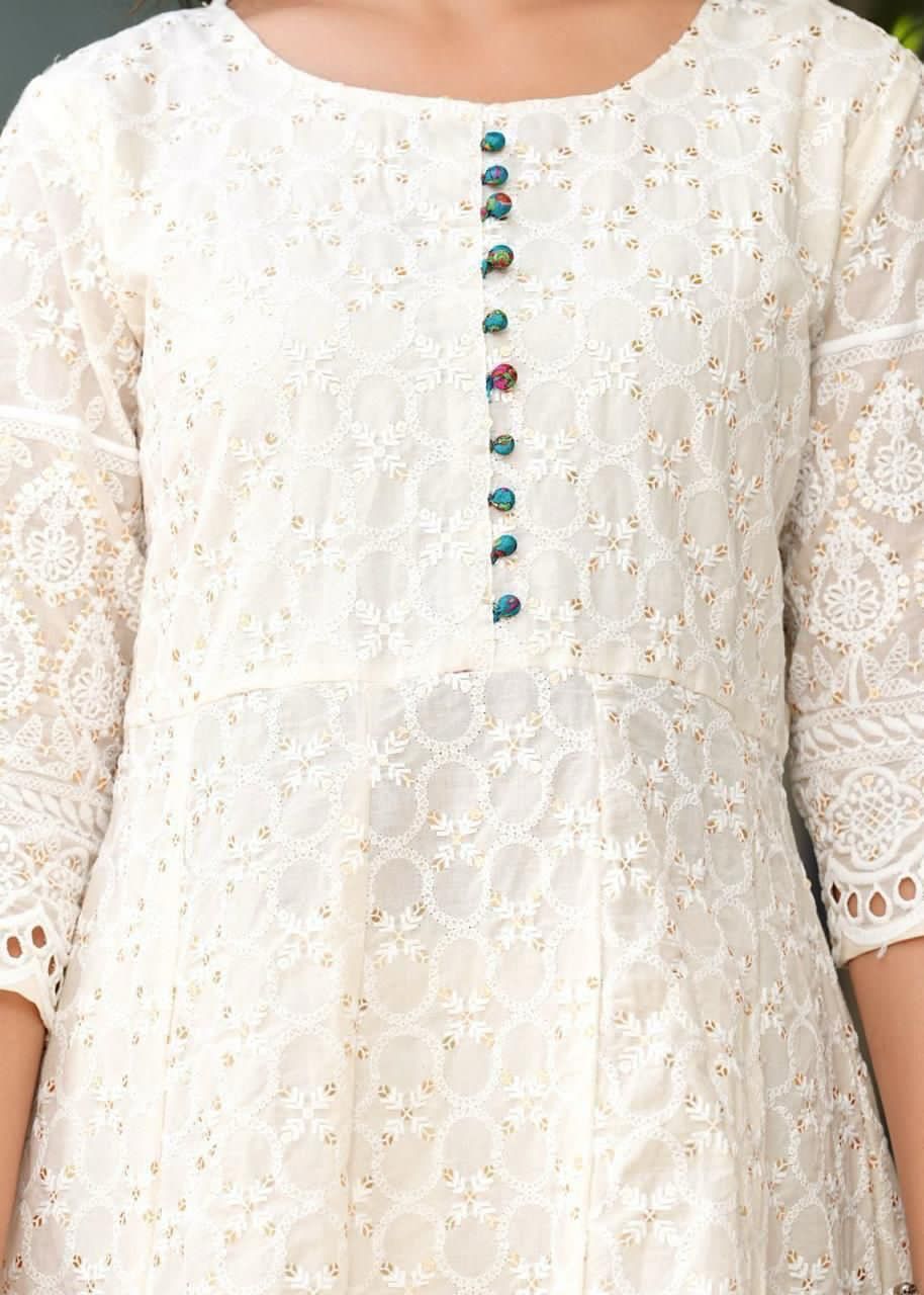 Chikankari Cotton Anarkali Kurti Pant Set with Silk Chanderi Digital Print Dupatta