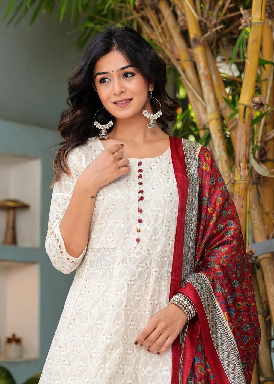 Chikankari Cotton Anarkali Kurti Pant Set with Silk Chanderi Digital Print Dupatta