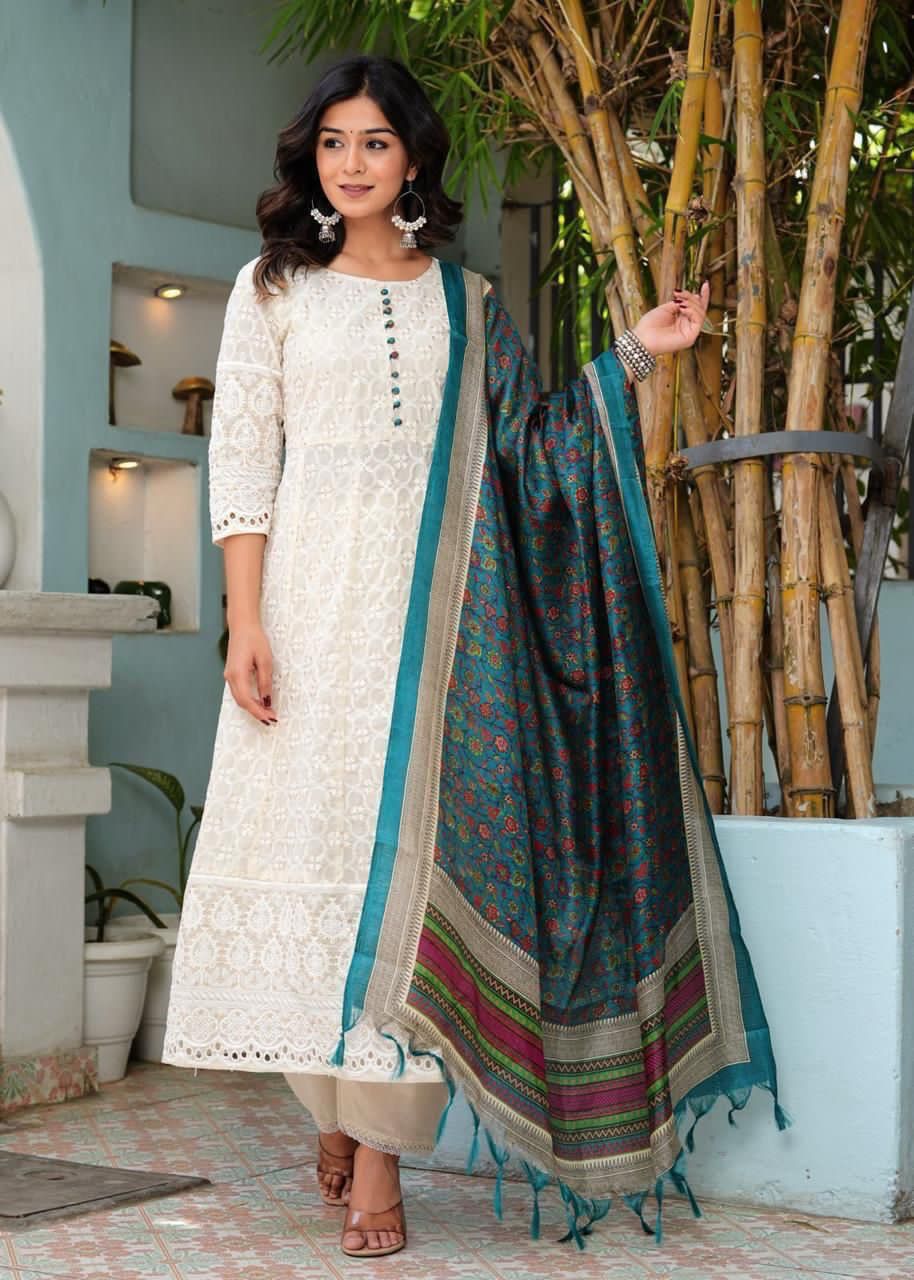 Chikankari Cotton Anarkali Kurti Pant Set with Silk Chanderi Digital Print Dupatta