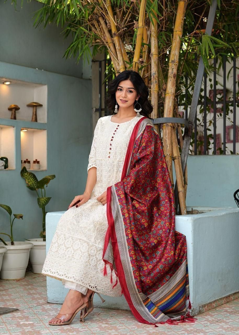 Chikankari Cotton Anarkali Kurti Pant Set with Silk Chanderi Digital Print Dupatta