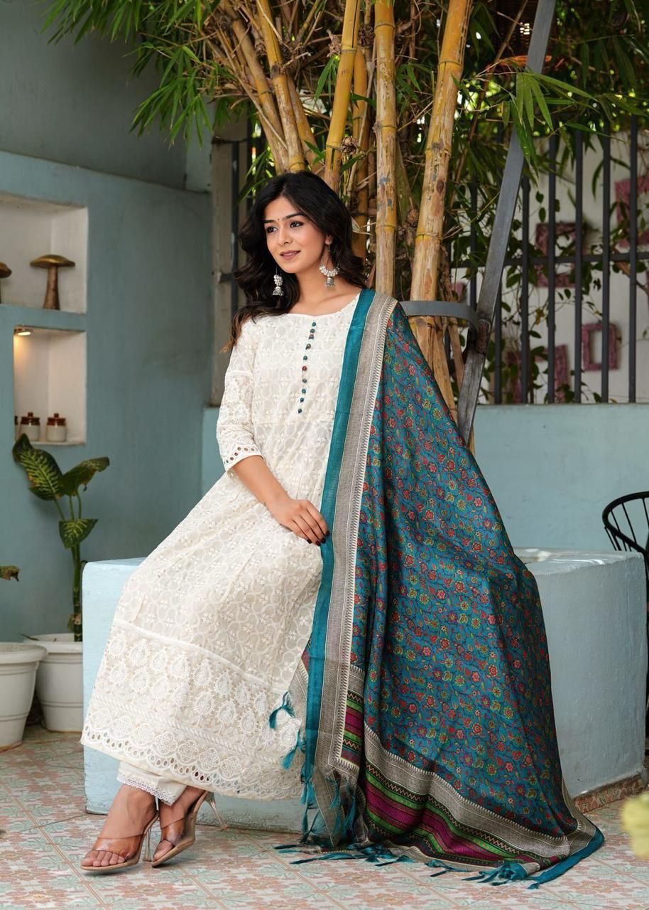 Chikankari Cotton Anarkali Kurti Pant Set with Silk Chanderi Digital Print Dupatta
