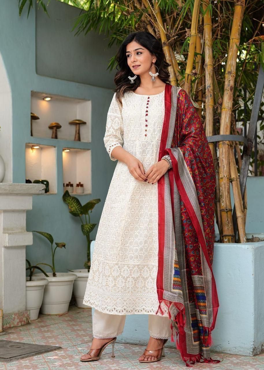 Chikankari Cotton Anarkali Kurti Pant Set with Silk Chanderi Digital Print Dupatta