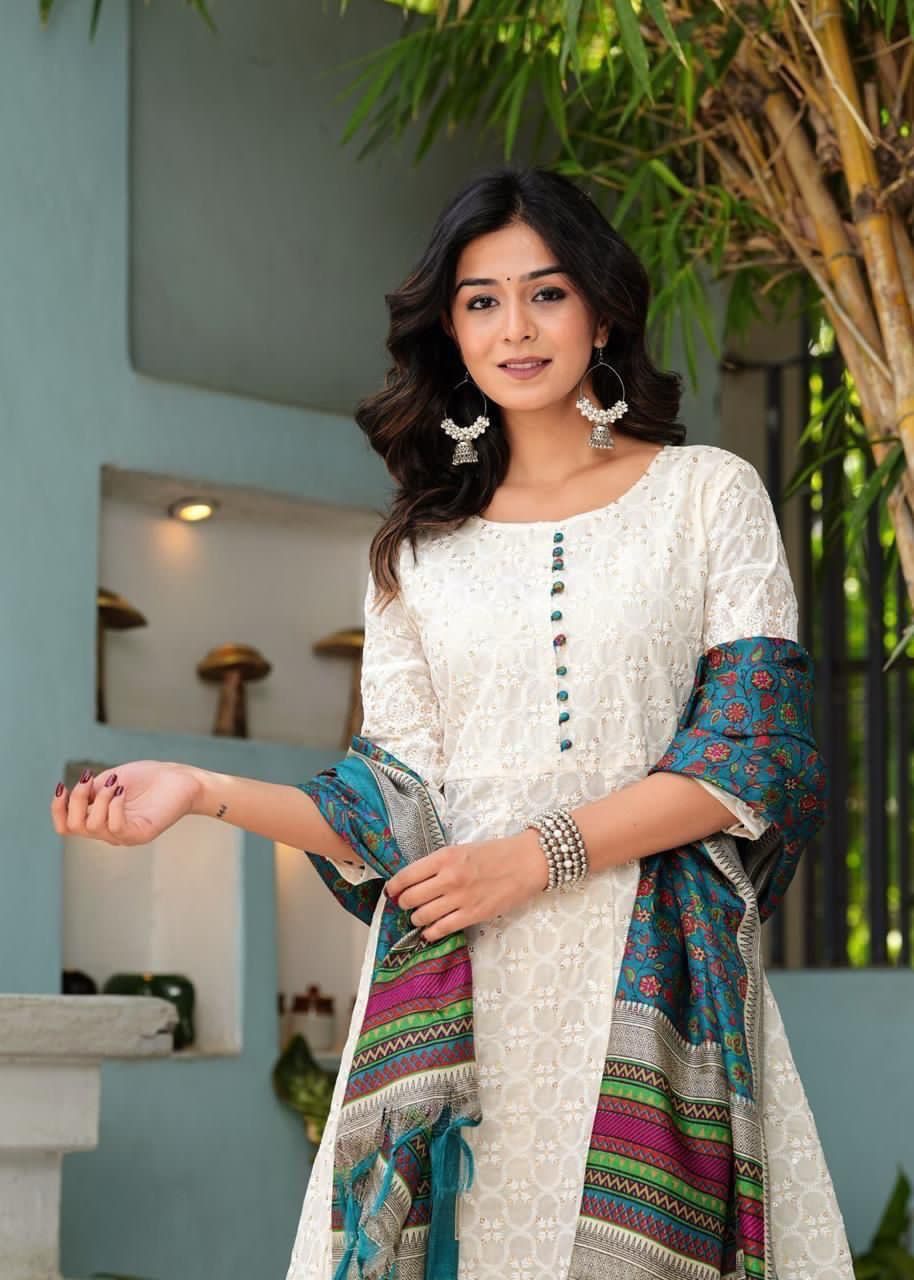 Chikankari Cotton Anarkali Kurti Pant Set with Silk Chanderi Digital Print Dupatta