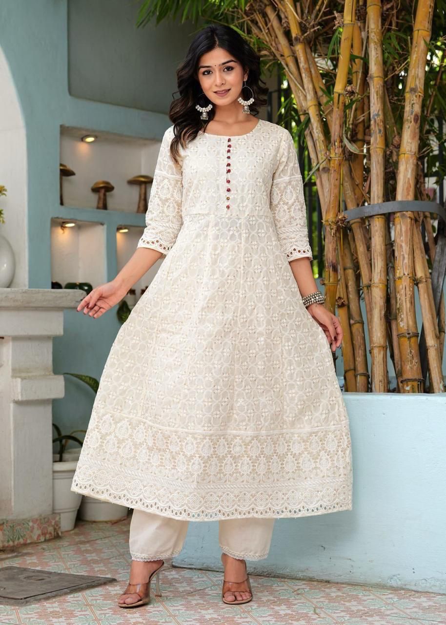 Chikankari Cotton Anarkali Kurti Pant Set with Silk Chanderi Digital Print Dupatta