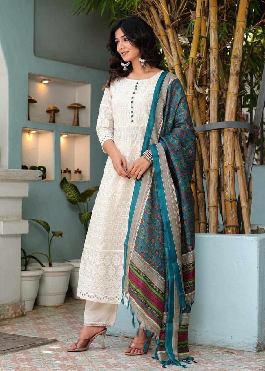 Chikankari Cotton Anarkali Kurti Pant Set with Silk Chanderi Digital Print Dupatta