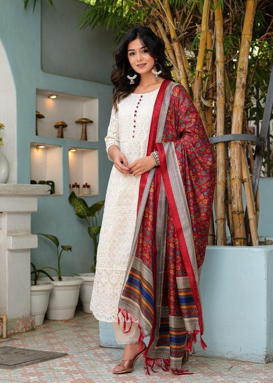Chikankari Cotton Anarkali Kurti Pant Set with Silk Chanderi Digital Print Dupatta