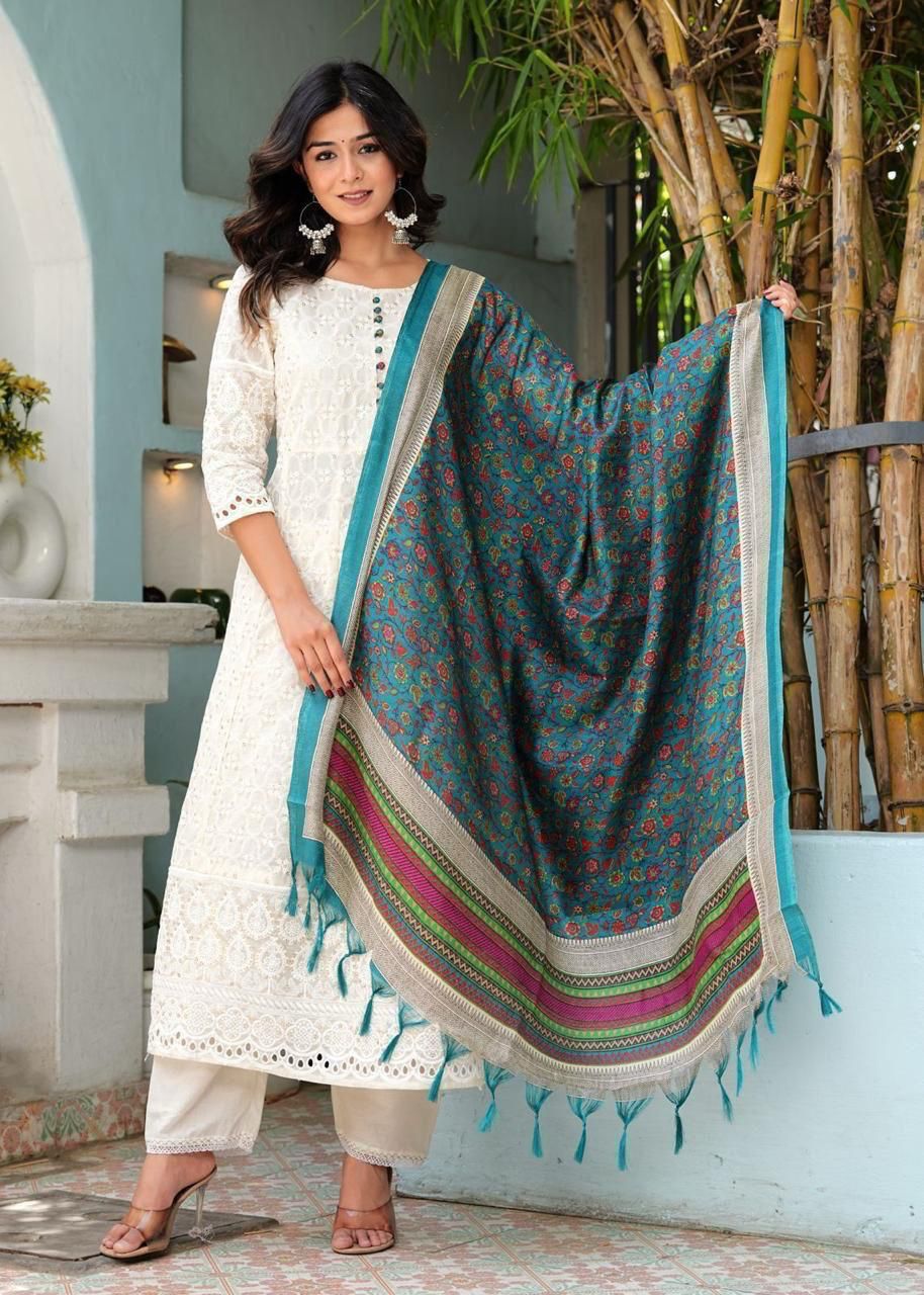 Chikankari Cotton Anarkali Kurti Pant Set with Silk Chanderi Digital Print Dupatta