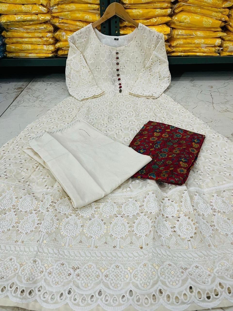 Chikankari Cotton Anarkali Kurti Pant Set with Silk Chanderi Digital Print Dupatta