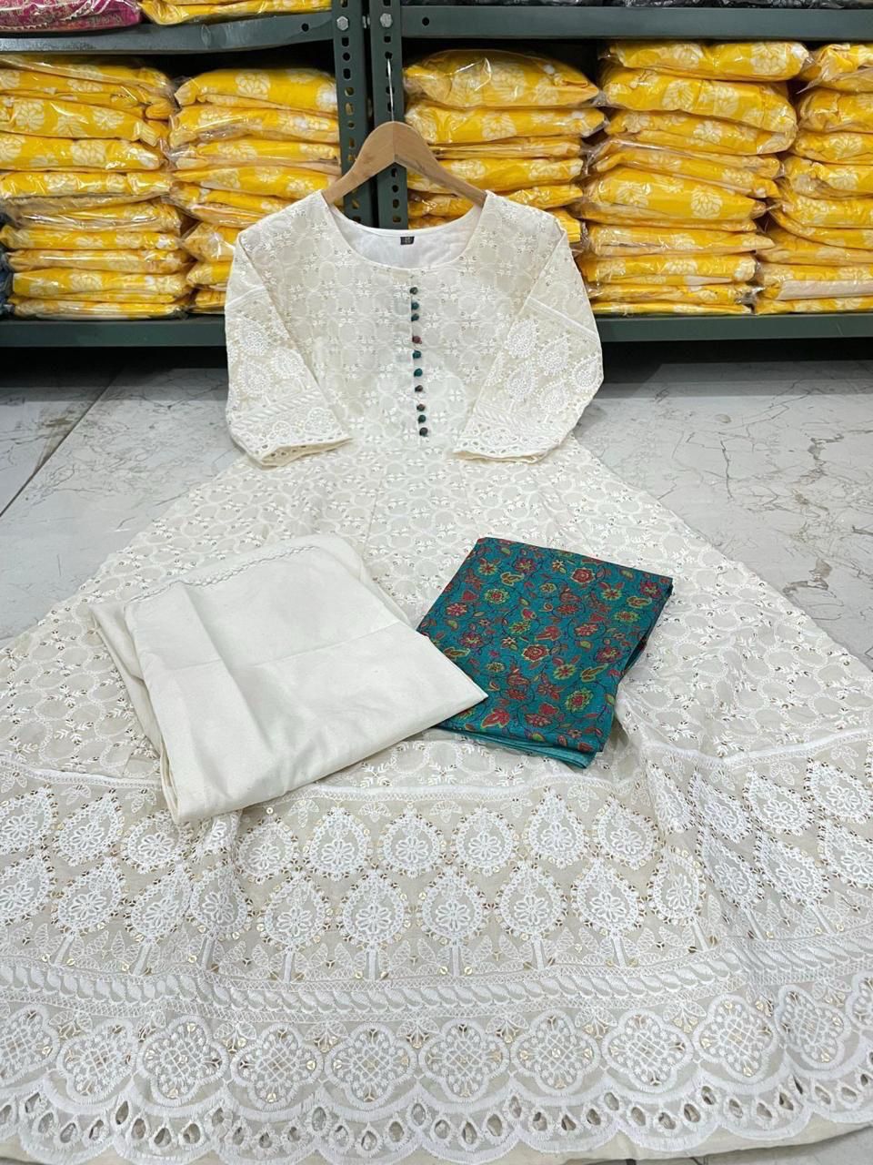 Chikankari Cotton Anarkali Kurti Pant Set with Silk Chanderi Digital Print Dupatta