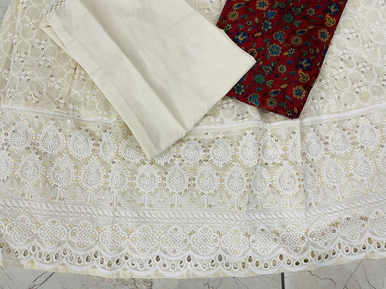 Chikankari Cotton Anarkali Kurti Pant Set with Silk Chanderi Digital Print Dupatta