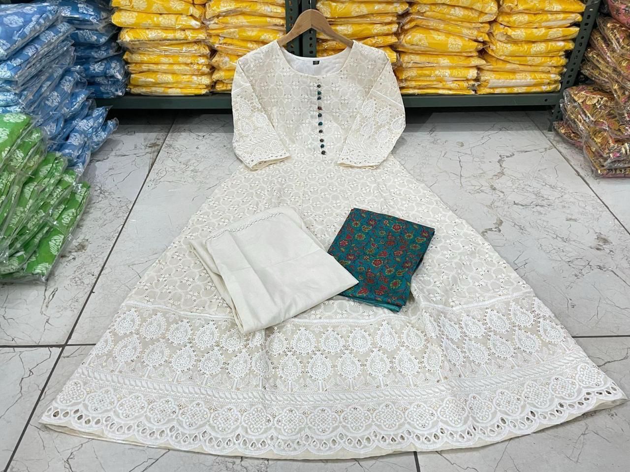 Chikankari Cotton Anarkali Kurti Pant Set with Silk Chanderi Digital Print Dupatta