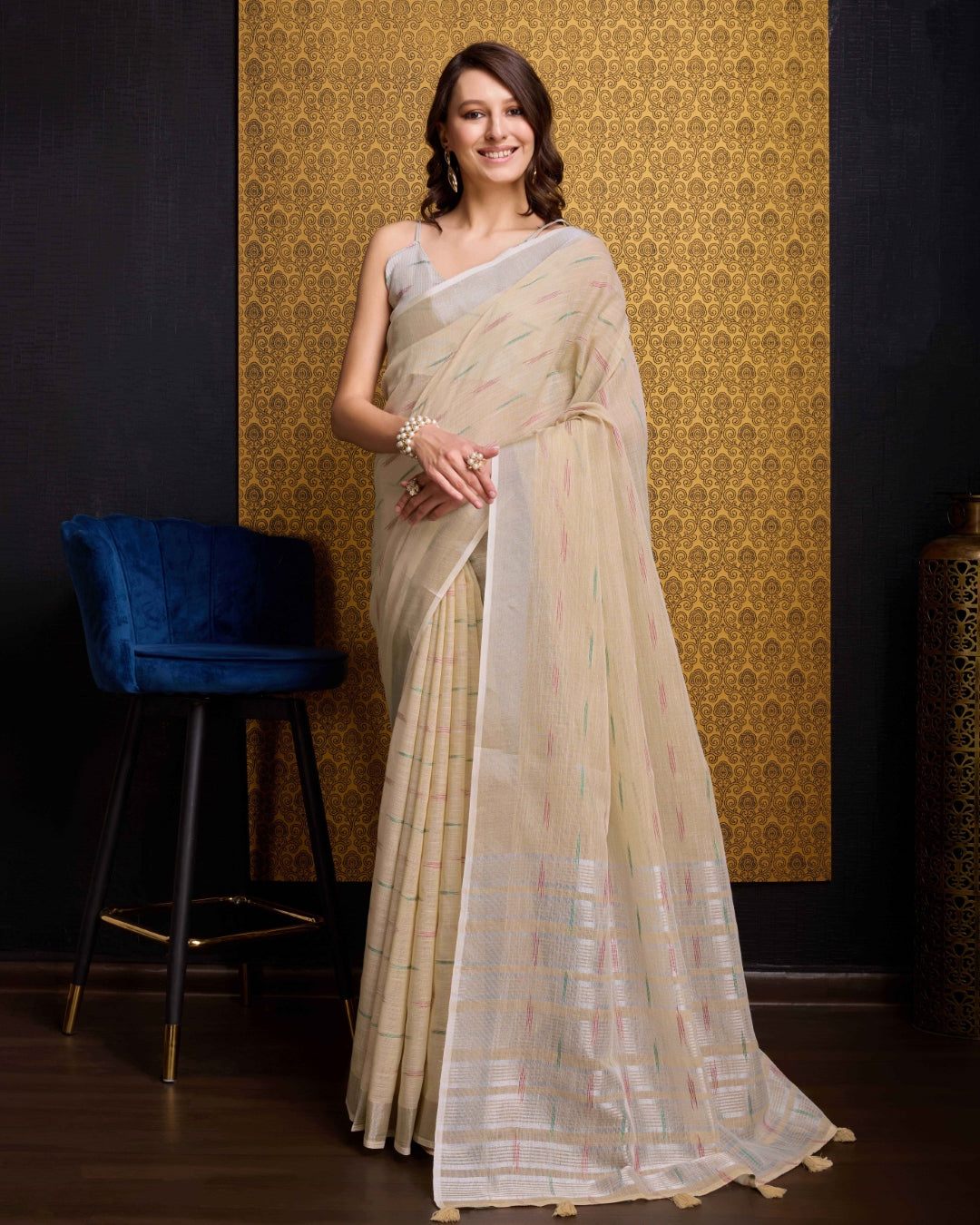 Chiku Elegant & Gold-Toned Ikat Woven Saree with Zari Border