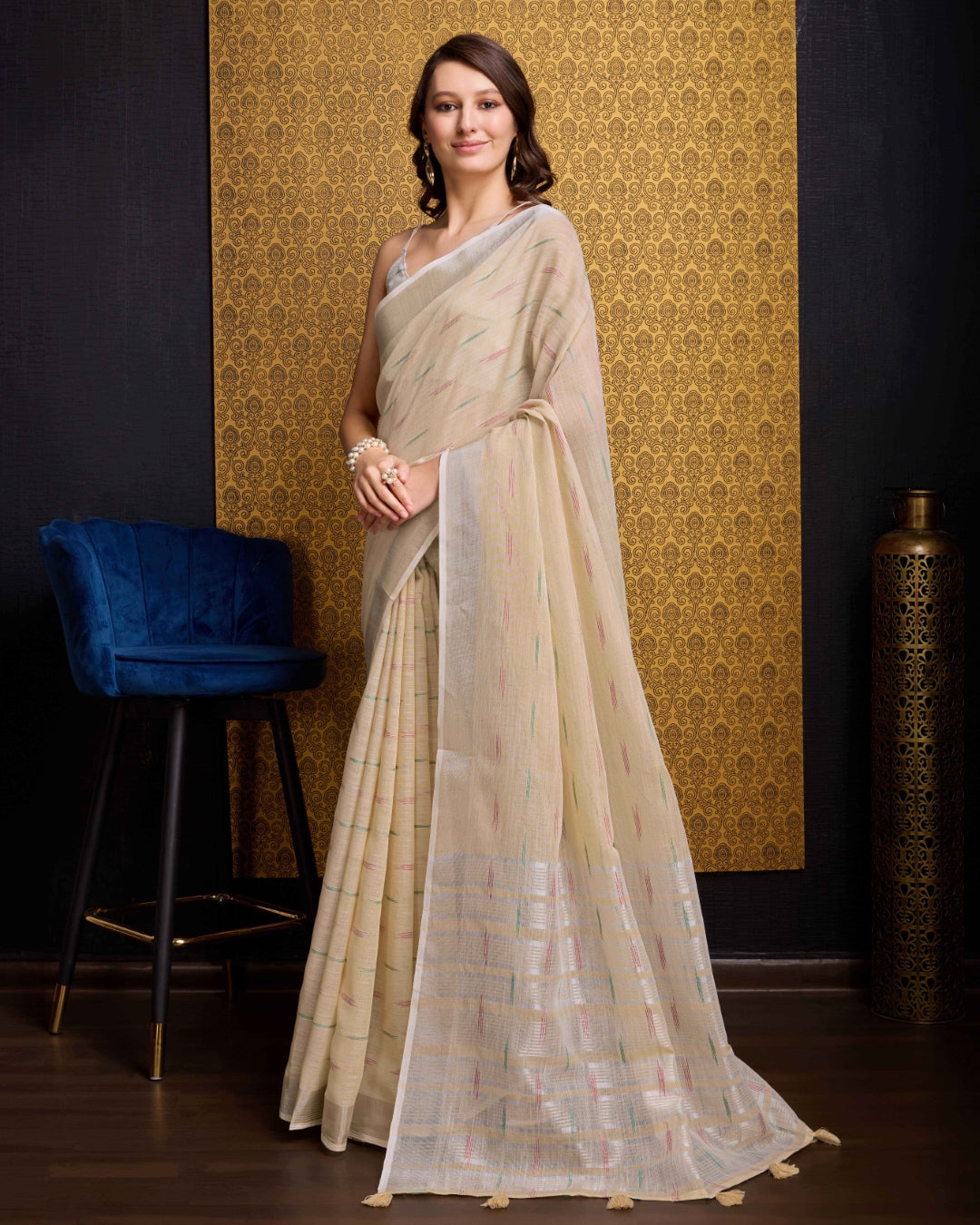 Chiku Elegant & Gold-Toned Ikat Woven Saree with Zari Border
