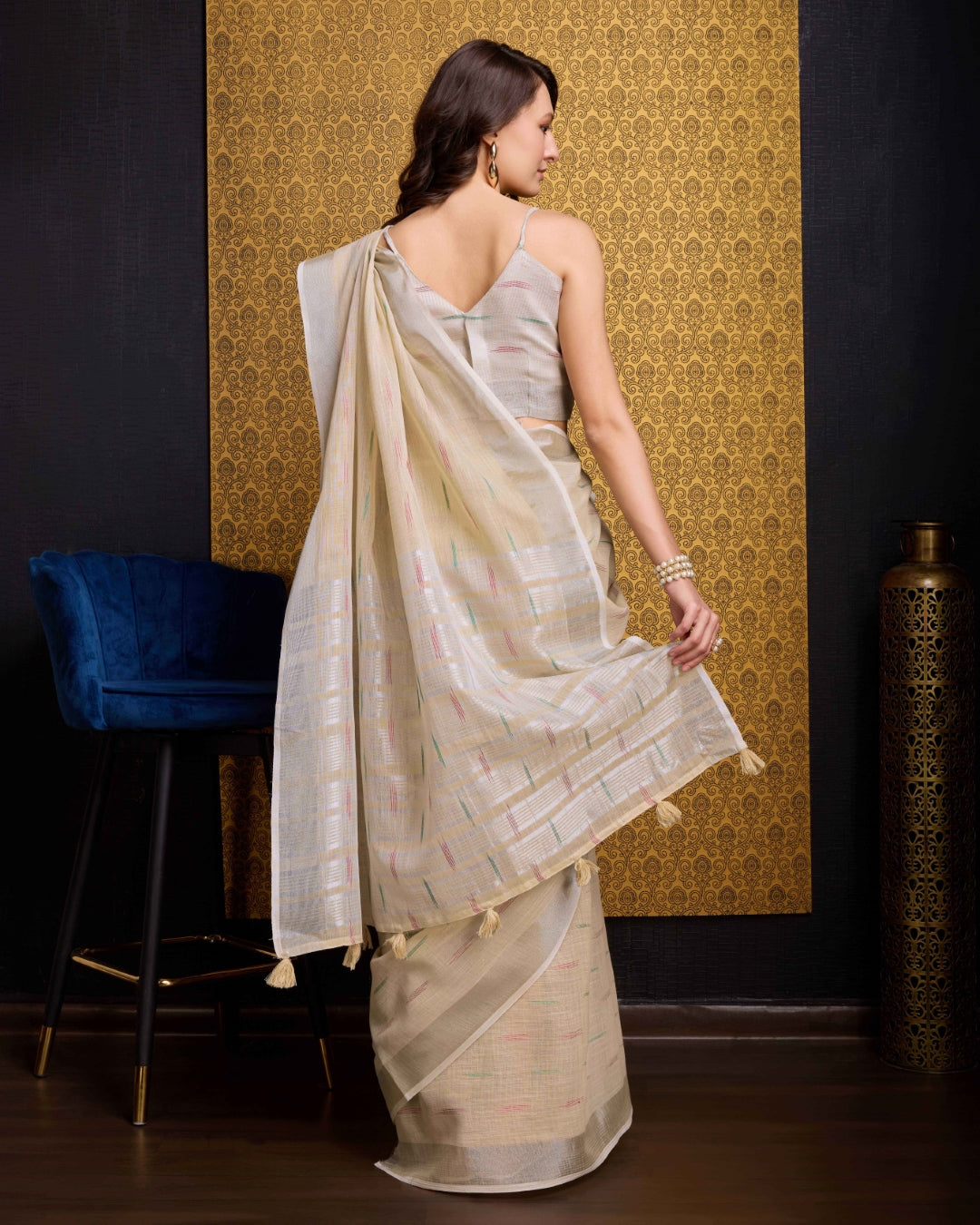 Chiku Elegant & Gold-Toned Ikat Woven Saree with Zari Border