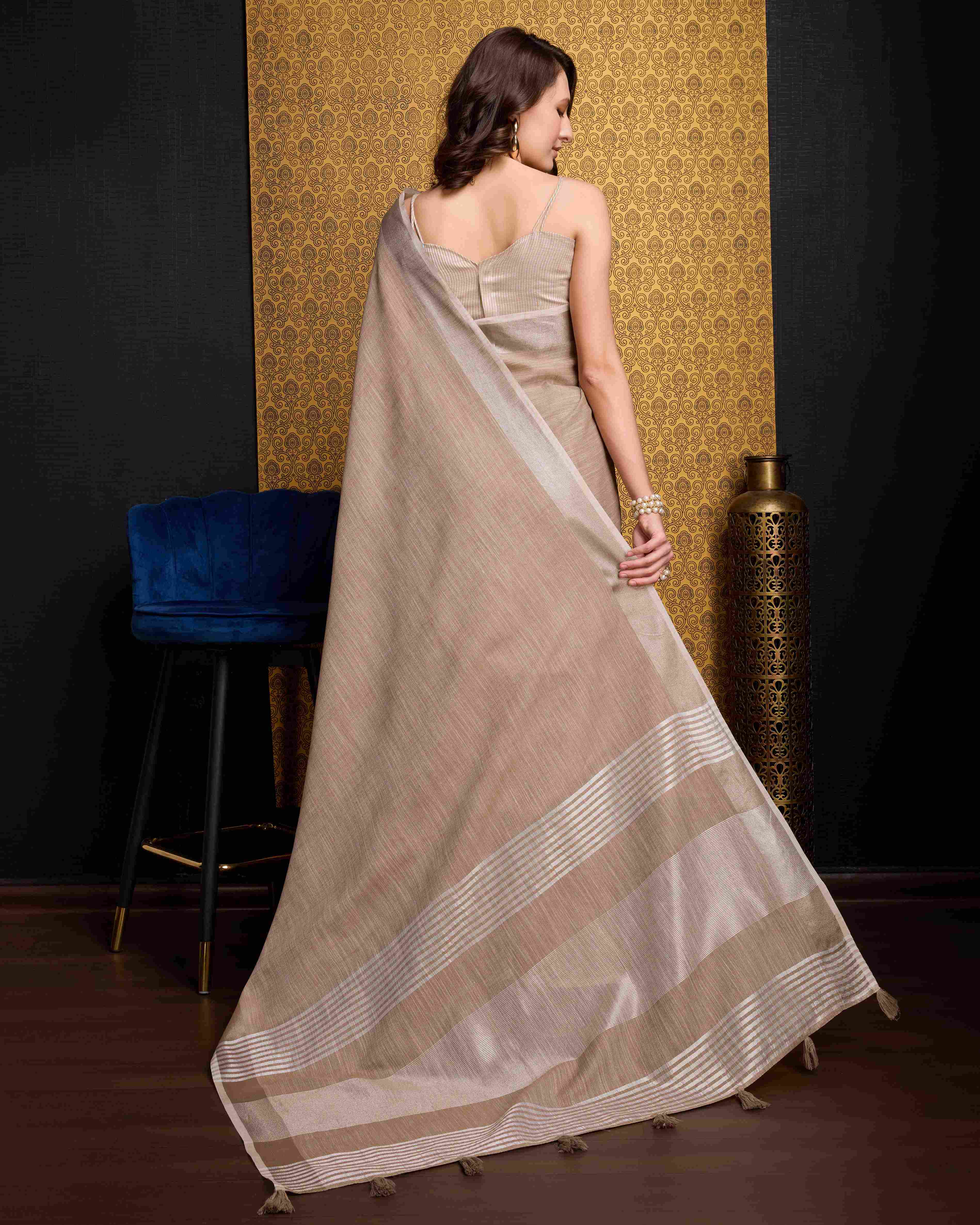 Chiku Elegant Solid Saree with Zari Border – Timeless Grace