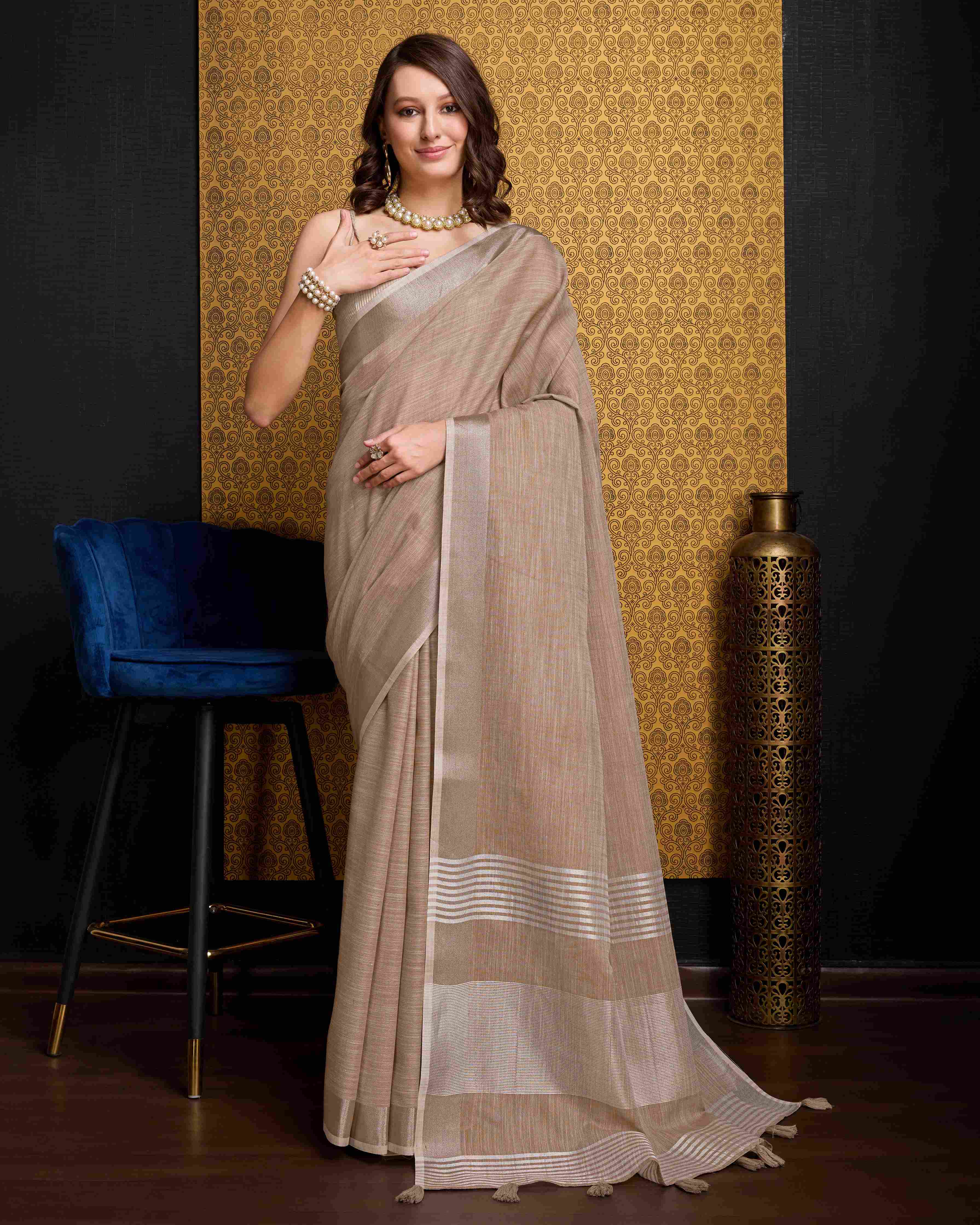 Chiku Elegant Solid Saree with Zari Border – Timeless Grace