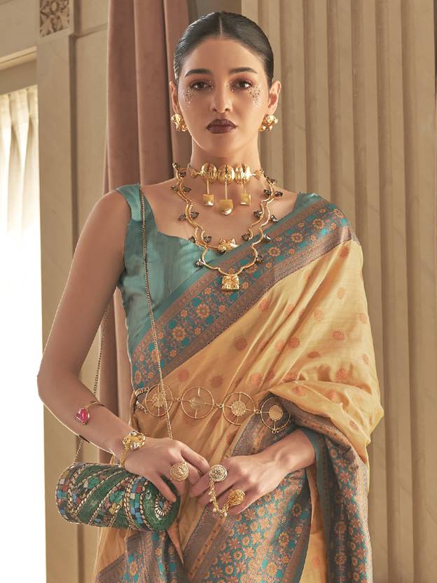 Chiku Graceful Woven Banarasi Silk Blend Saree with Tassel Detailing