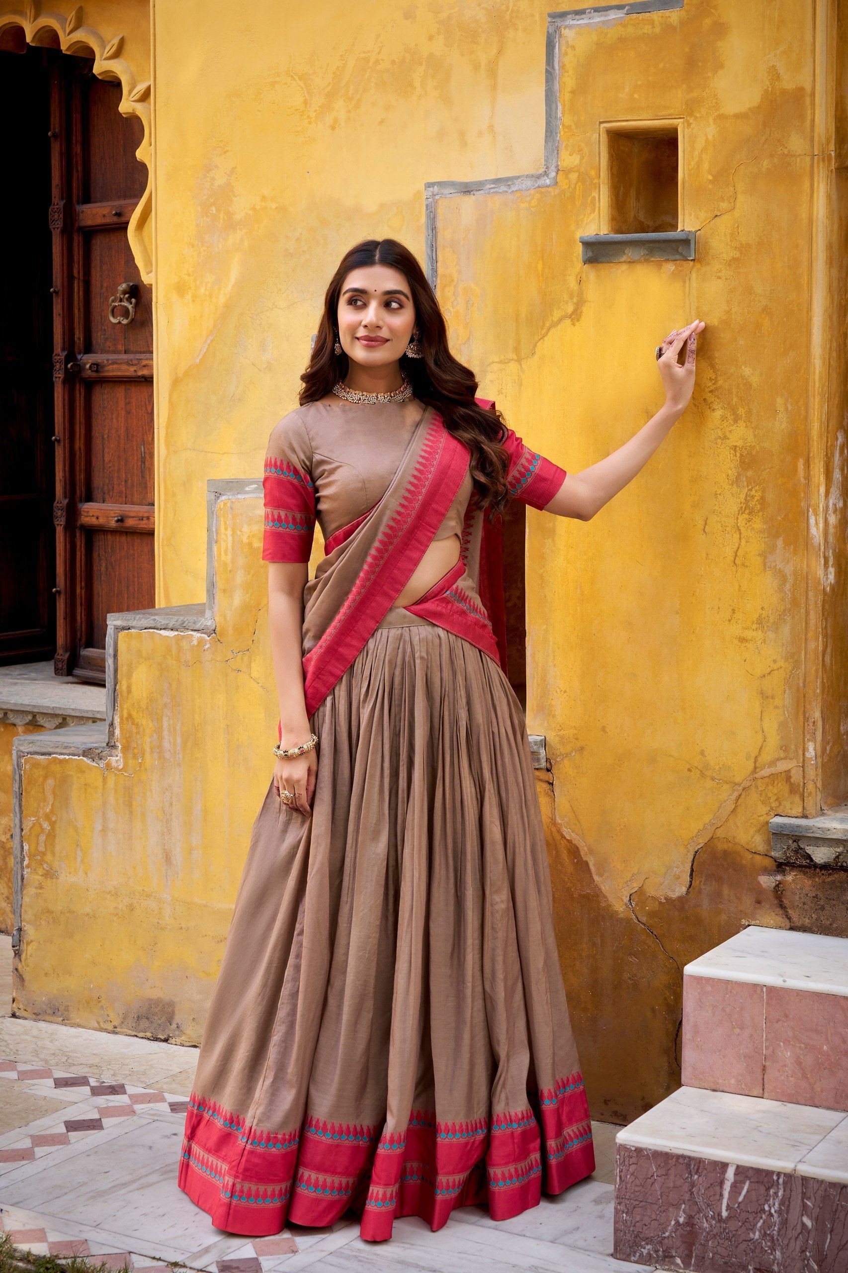 Chiku Pure Chanderi Thread Work Lehenga Choli Set with Matching Dupatta – 4 Meter Flair, Stitched Lehenga & Unstitched Blouse