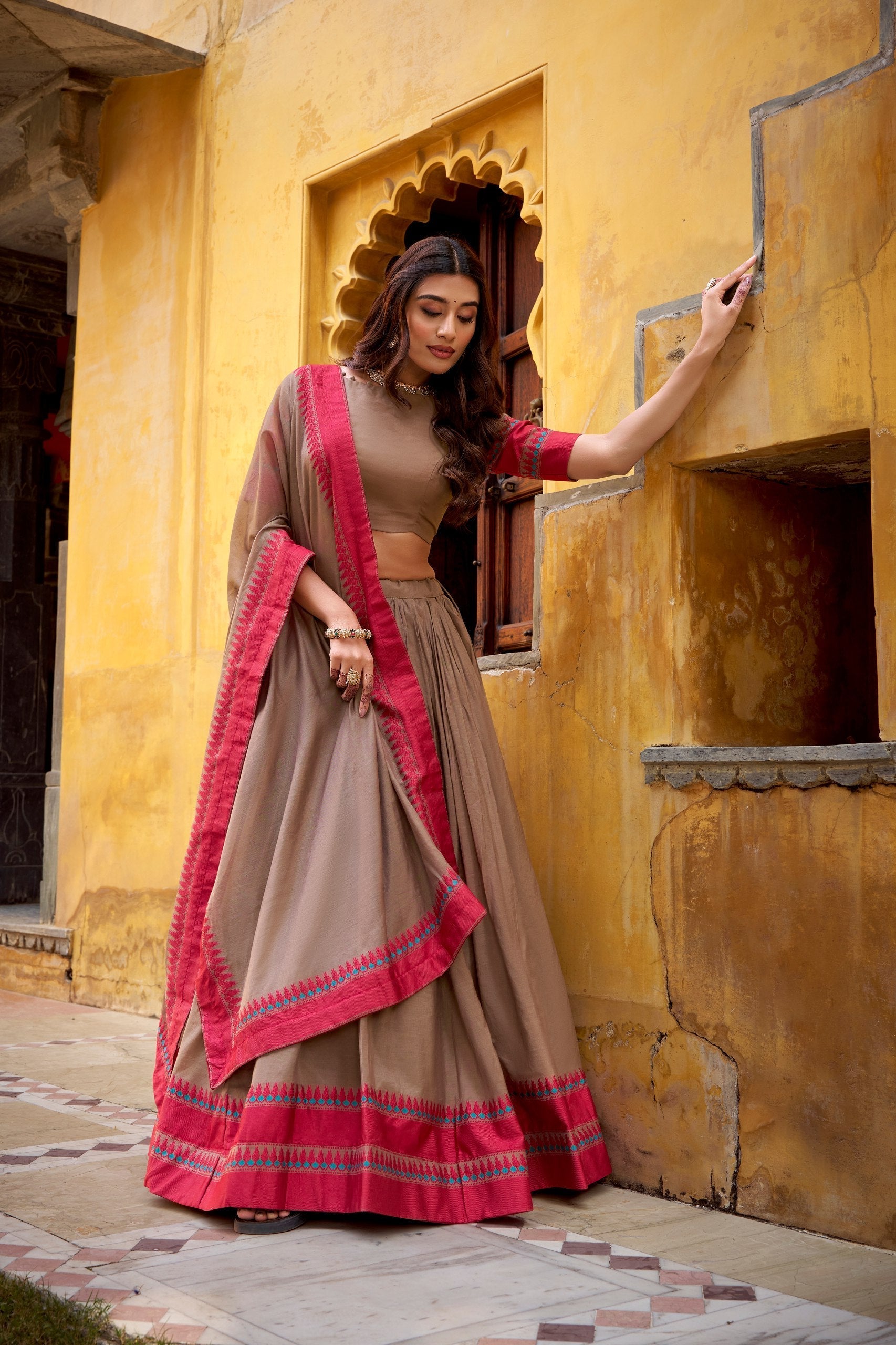 Chiku Pure Chanderi Thread Work Lehenga Choli Set with Matching Dupatta – 4 Meter Flair, Stitched Lehenga & Unstitched Blouse