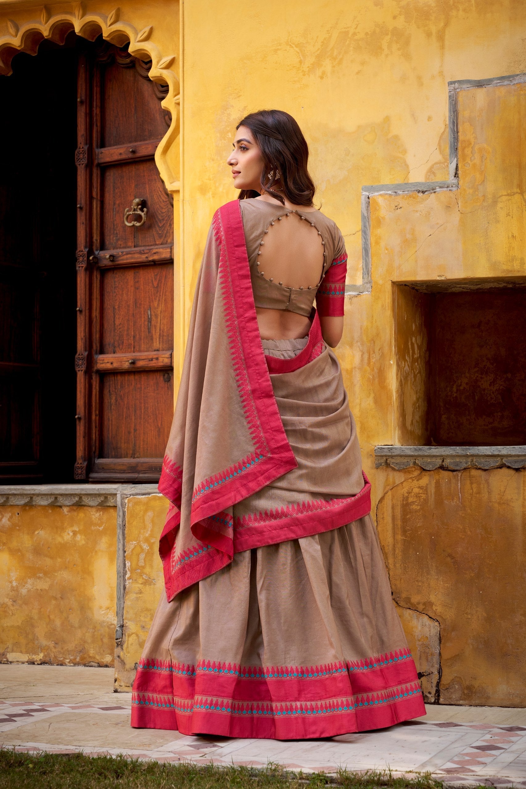 Chiku Pure Chanderi Thread Work Lehenga Choli Set with Matching Dupatta – 4 Meter Flair, Stitched Lehenga & Unstitched Blouse