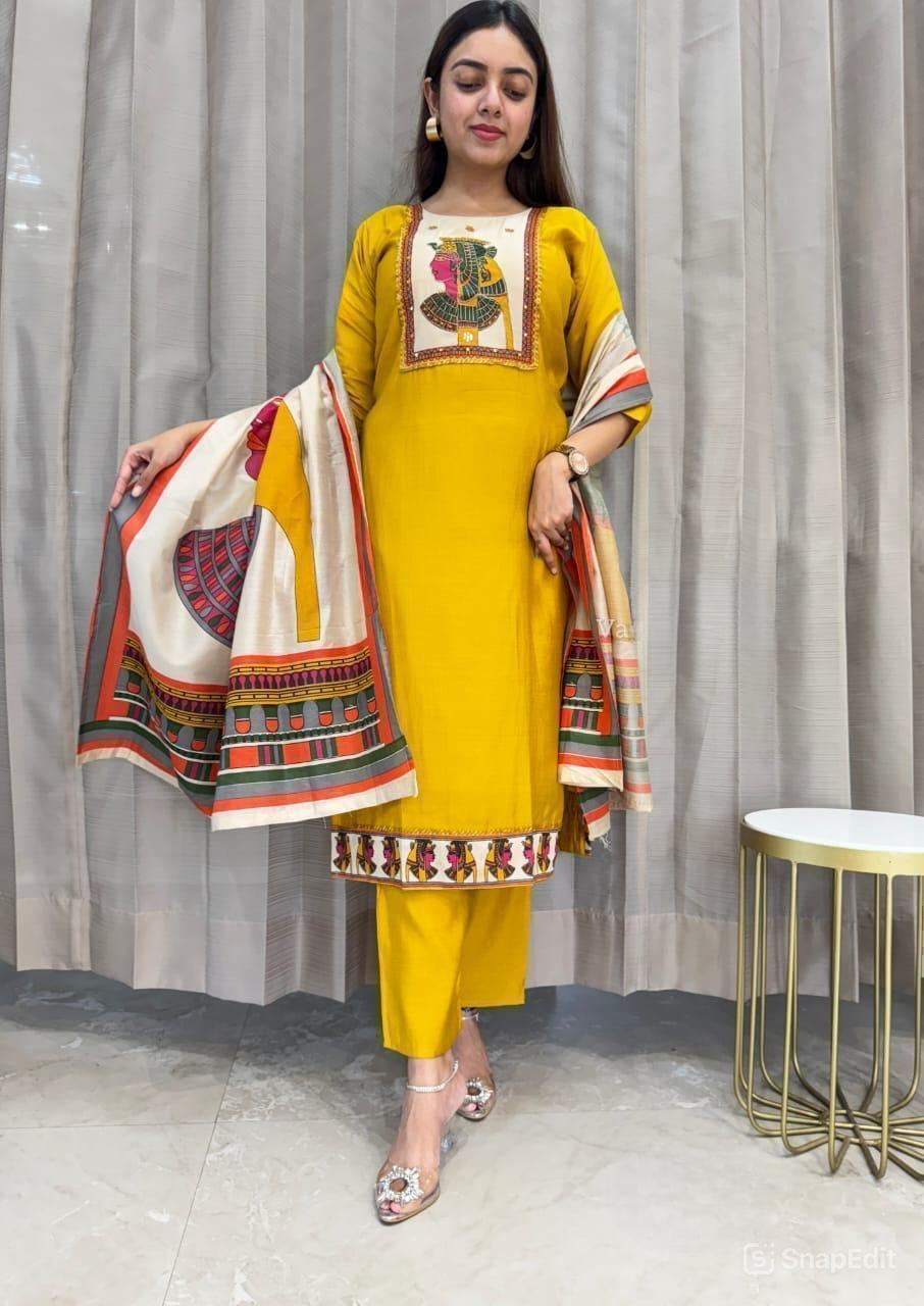 Chinon & Egyptian Print Silk Three-Piece Suit – Kurta, Pant & Dupatta