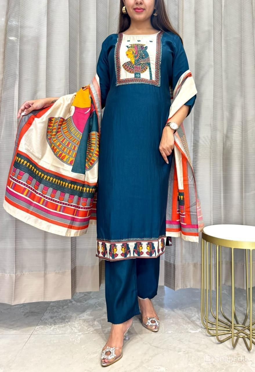 Chinon & Egyptian Print Silk Three-Piece Suit – Kurta, Pant & Dupatta