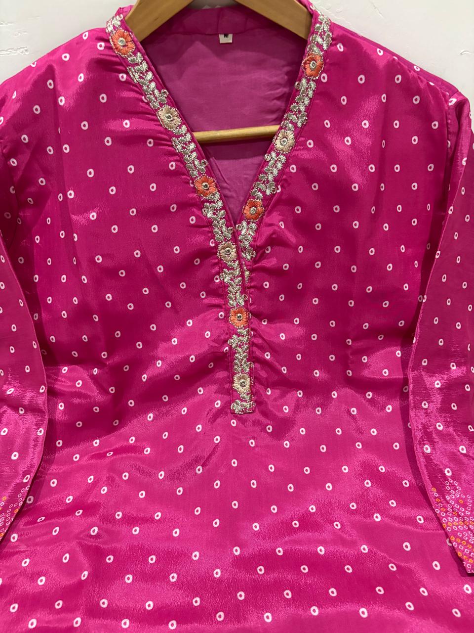 Chinon Silk Kurti Pant Dupatta Set with Embroidery & Zari Work