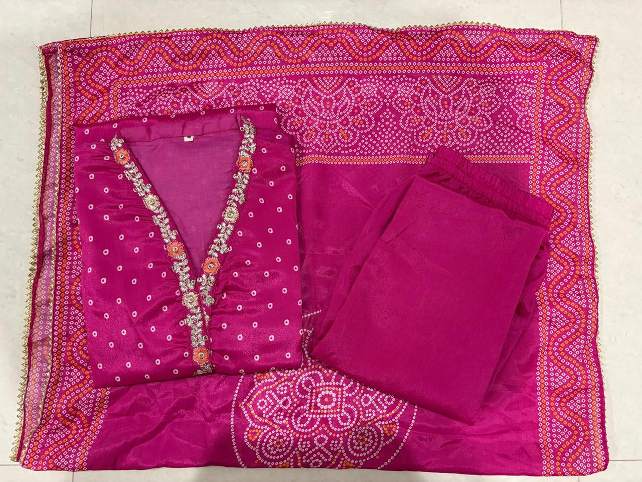 Chinon Silk Kurti Pant Dupatta Set with Embroidery & Zari Work