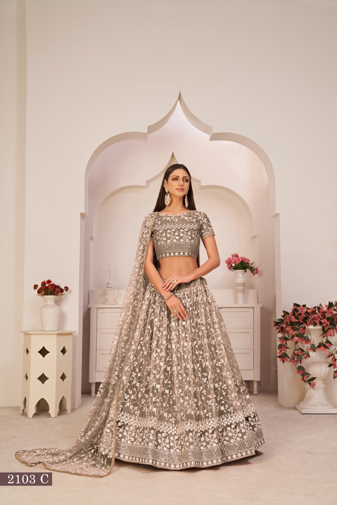 Chocolate Brown Elegant Butterfly Net Lehenga with Intricate Embroidery