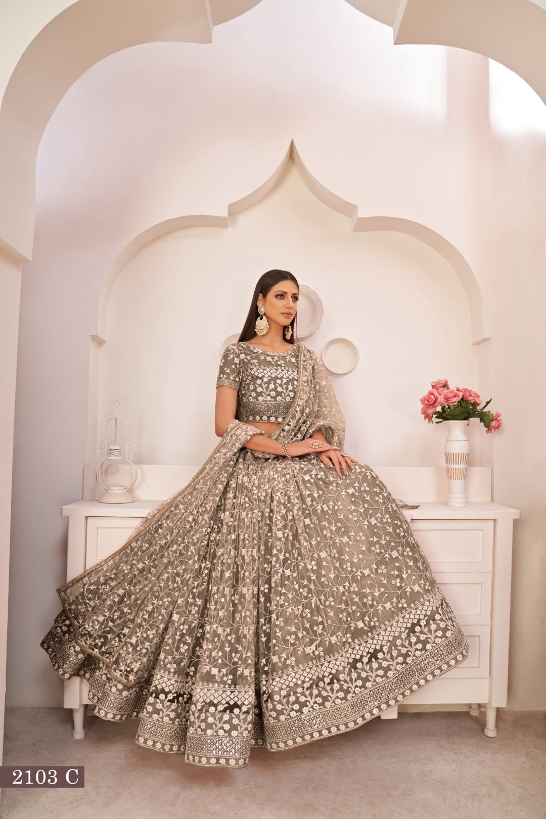 Chocolate Brown Elegant Butterfly Net Lehenga with Intricate Embroidery