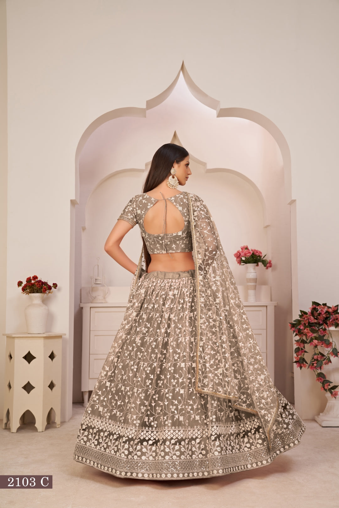 Chocolate Brown Elegant Butterfly Net Lehenga with Intricate Embroidery