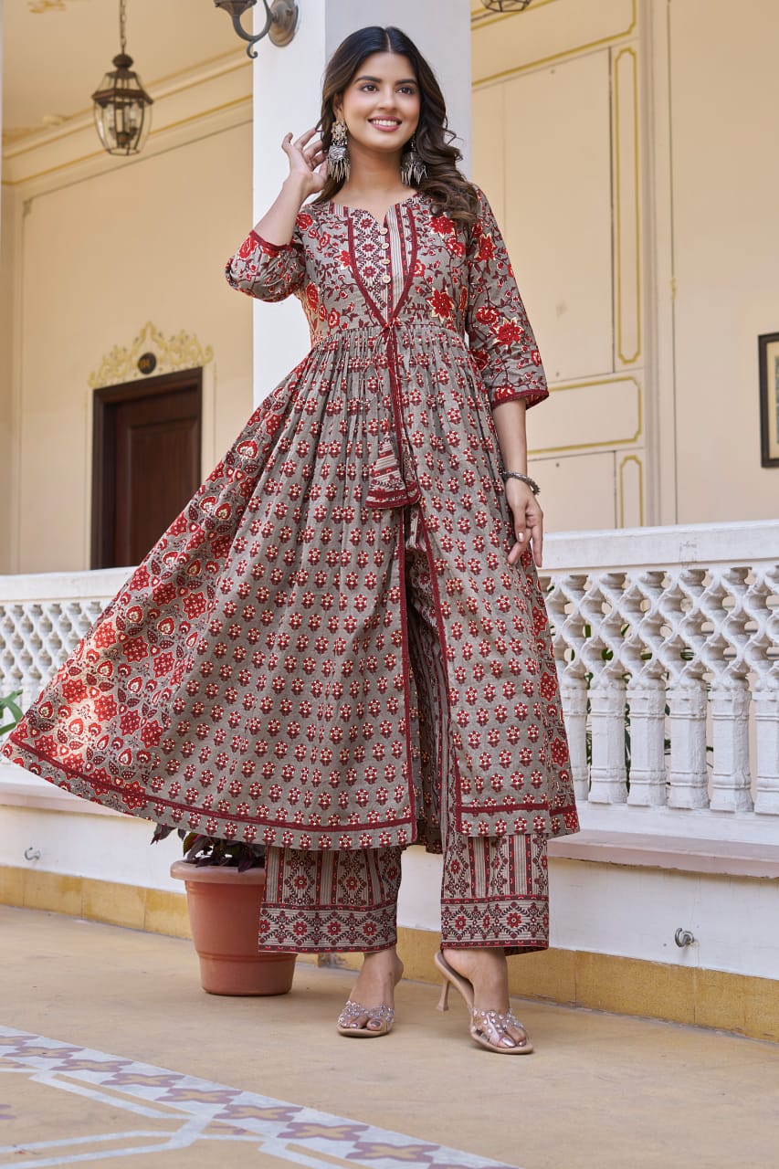 Chocolate Cotton Readymade Kurta with Palazzo Set | Full Sleeve Flared Kurta