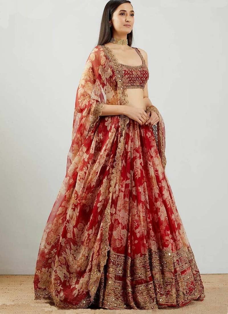 Red Georgette Printed Lehenga choli with heavy sequence work