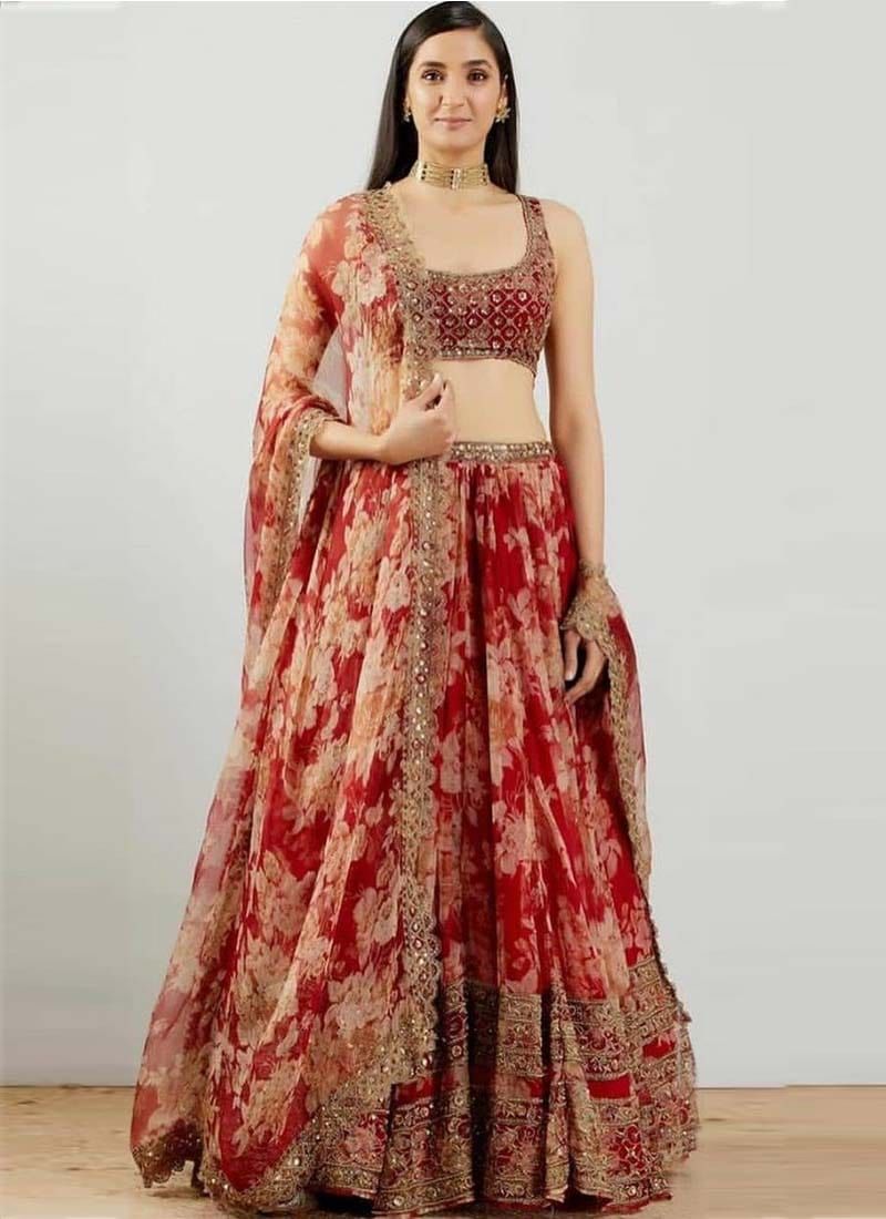 Red Georgette Printed Lehenga choli with heavy sequence work