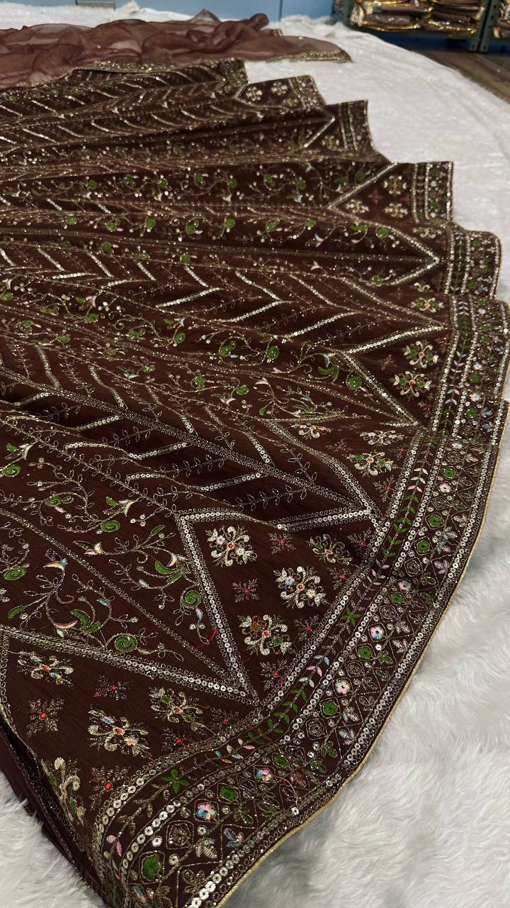 Coffee Silk Embroidered Lehenga Choli Set