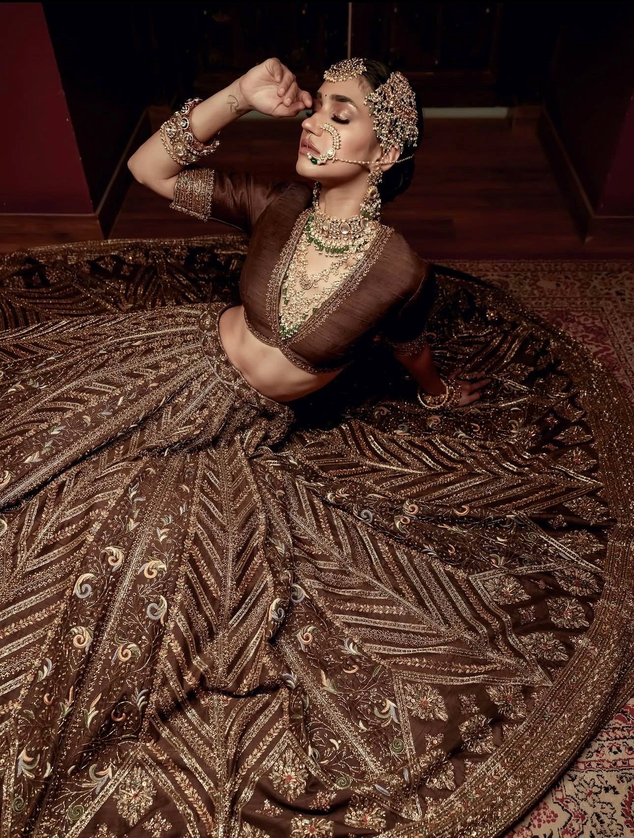 Coffee Silk Embroidered Lehenga Choli Set