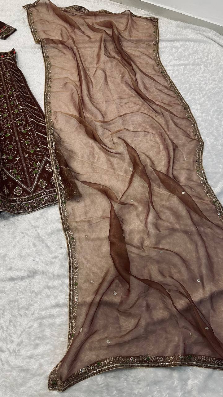 Coffee Silk Embroidered Lehenga Choli Set