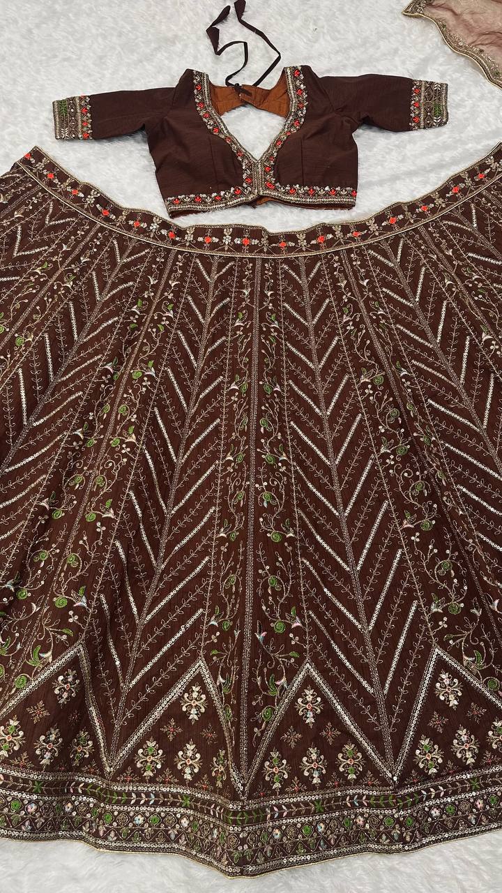 Coffee Silk Embroidered Lehenga Choli Set