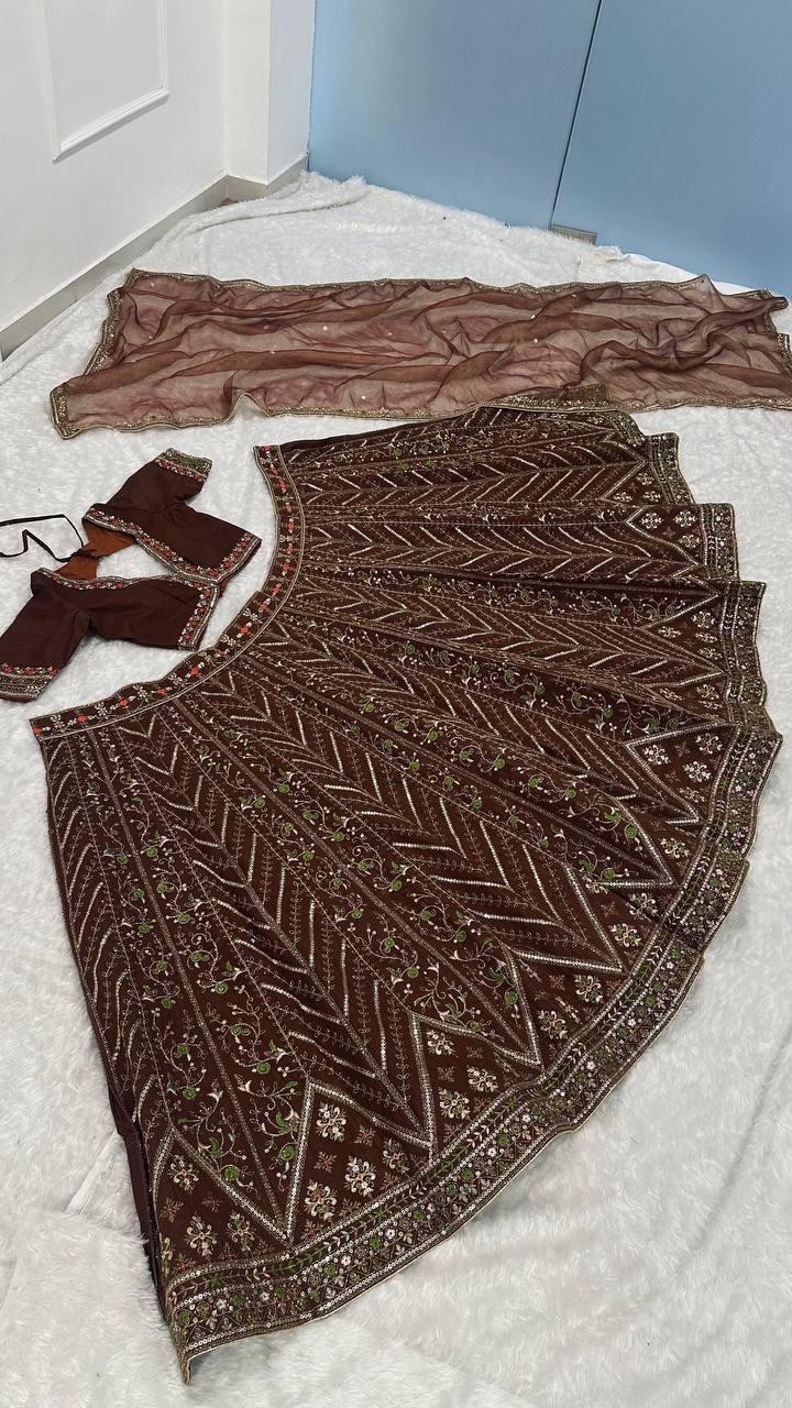 Coffee Silk Embroidered Lehenga Choli Set
