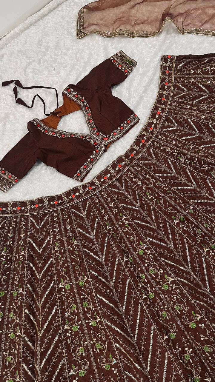 Coffee Silk Embroidered Lehenga Choli Set
