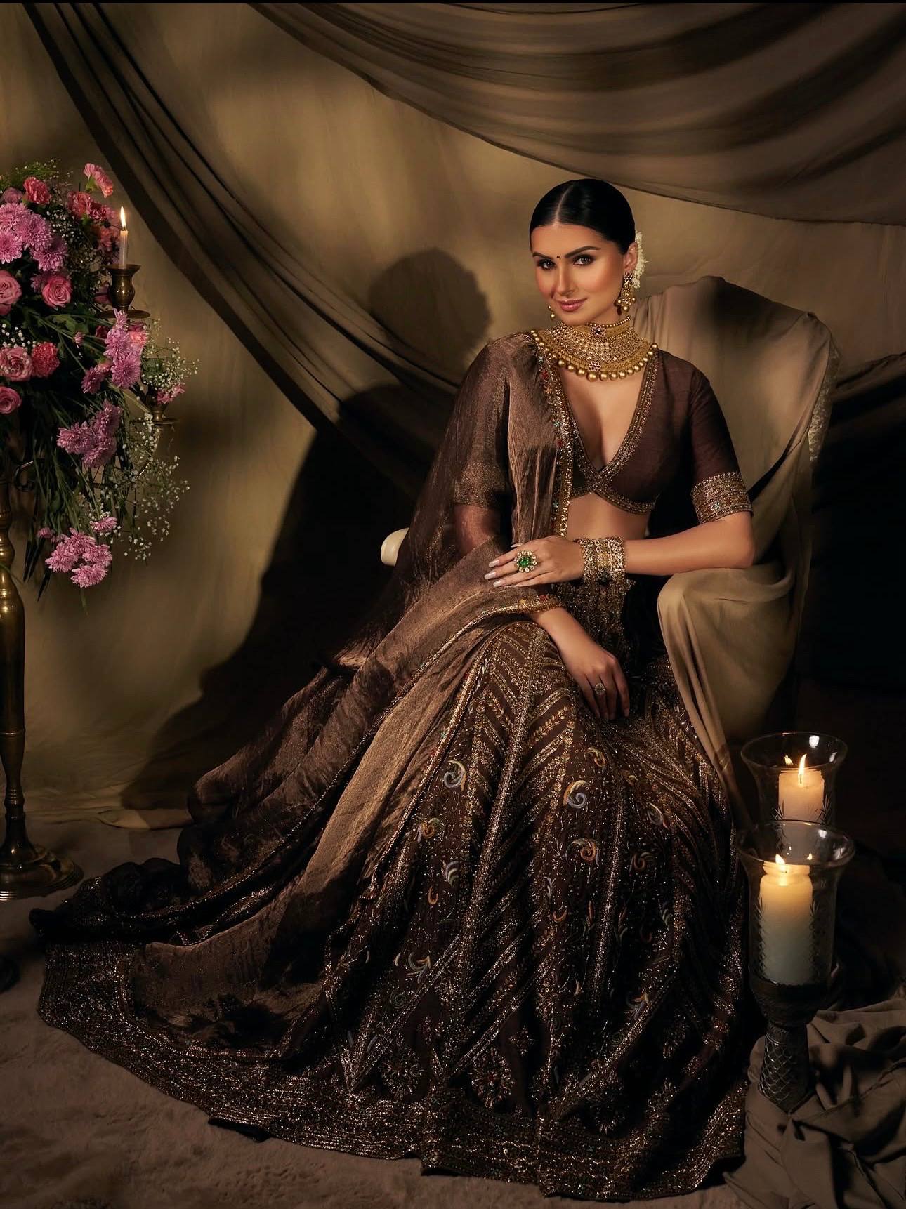 Coffee Silk Embroidered Lehenga Choli Set
