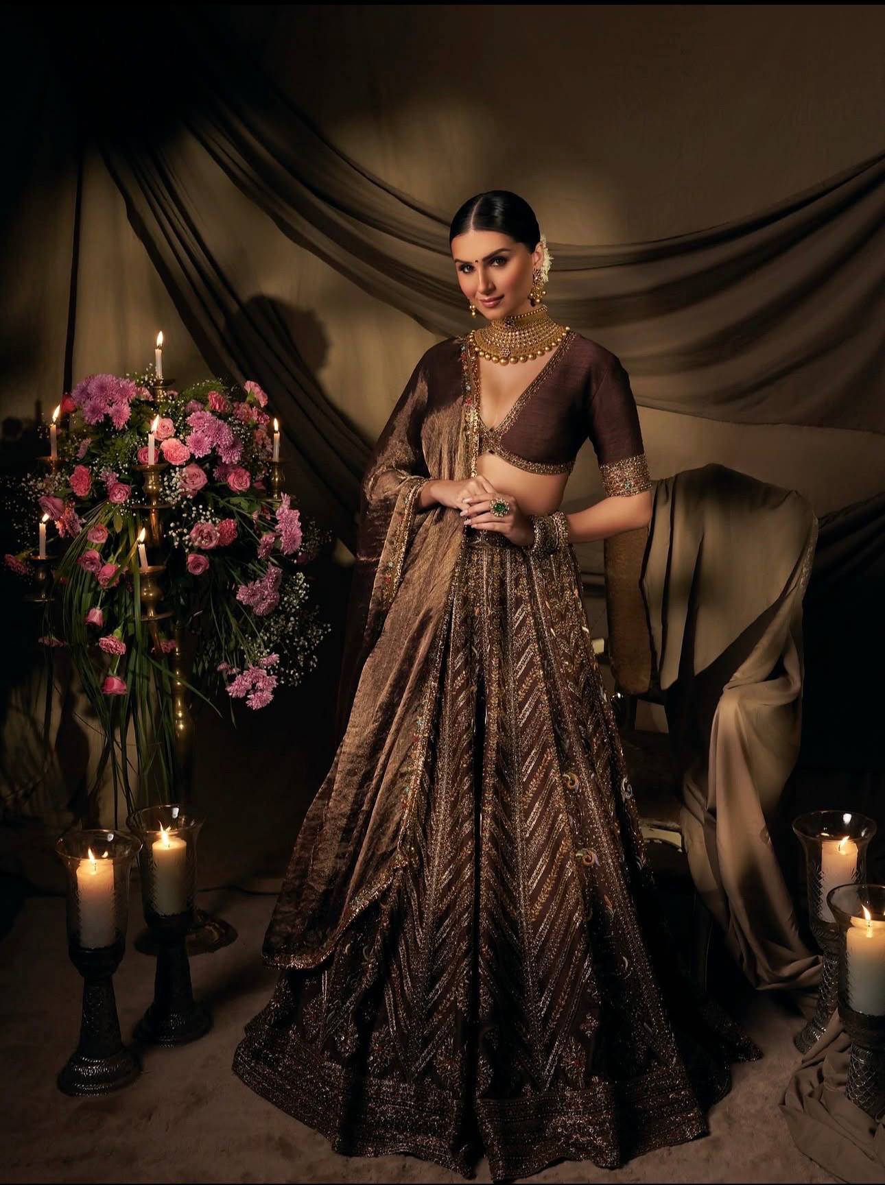 Coffee Silk Embroidered Lehenga Choli Set