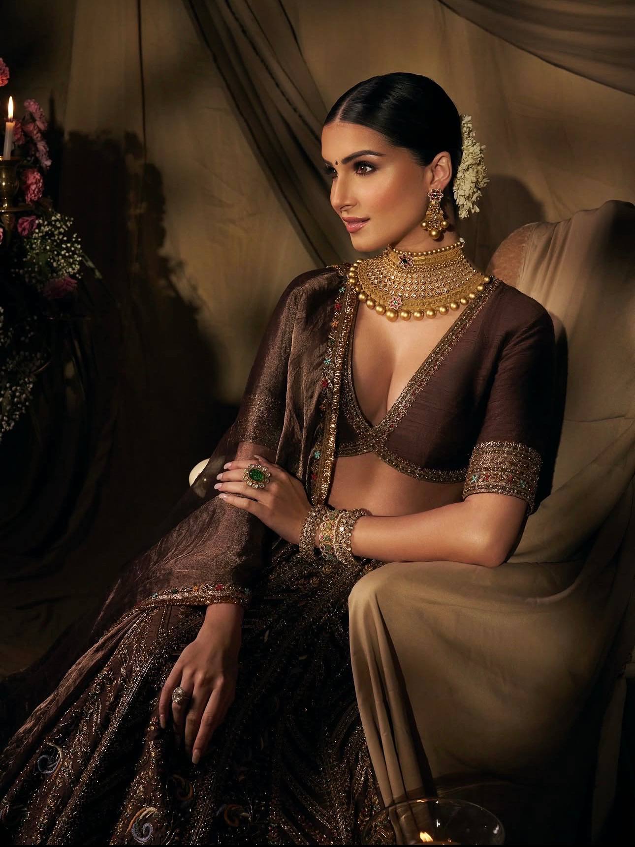Coffee Silk Embroidered Lehenga Choli Set