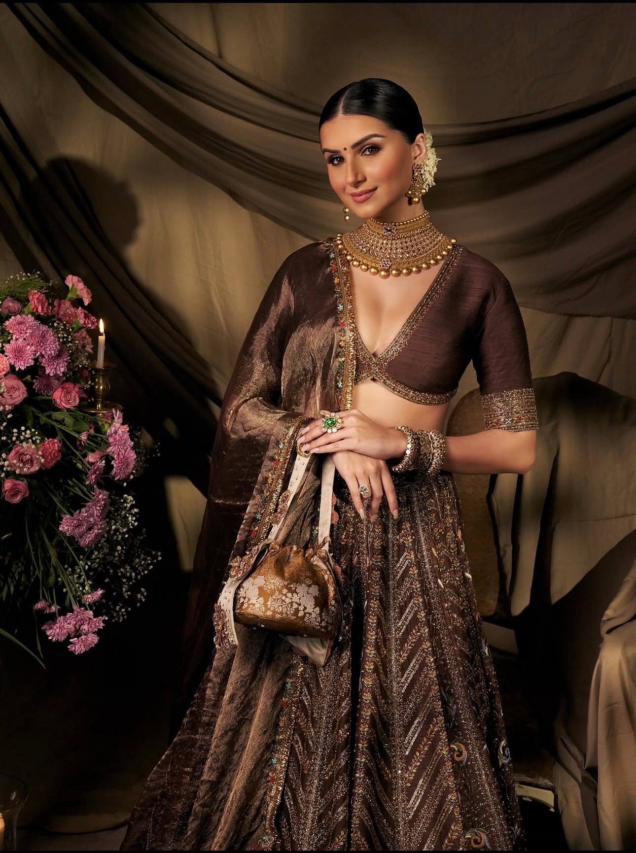 Coffee Silk Embroidered Lehenga Choli Set