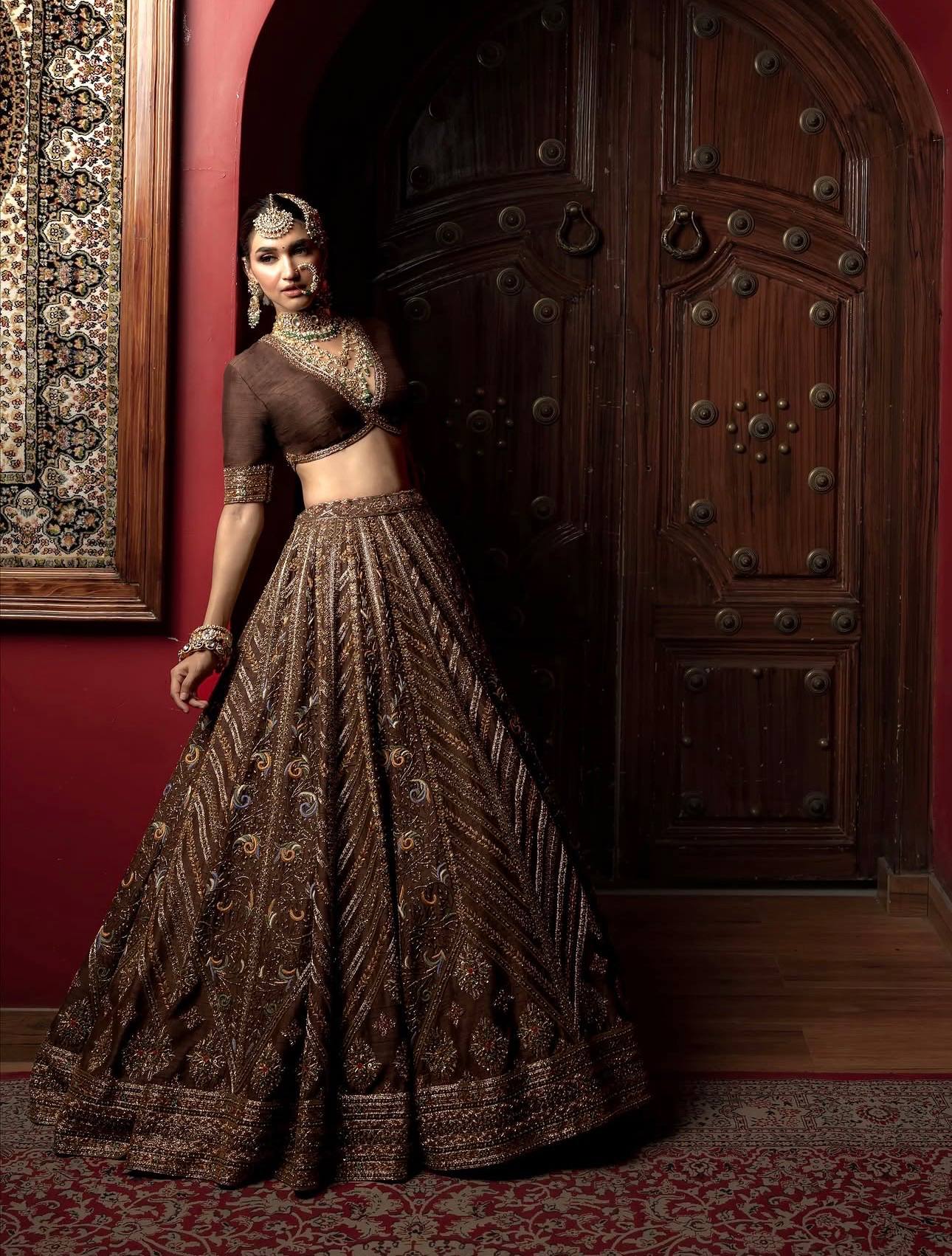Coffee Silk Embroidered Lehenga Choli Set
