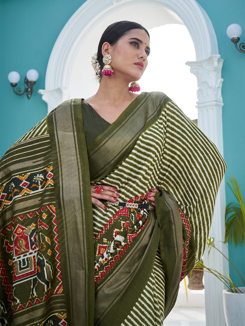 Mehndi Color Patola Printed Dola Silk Saree